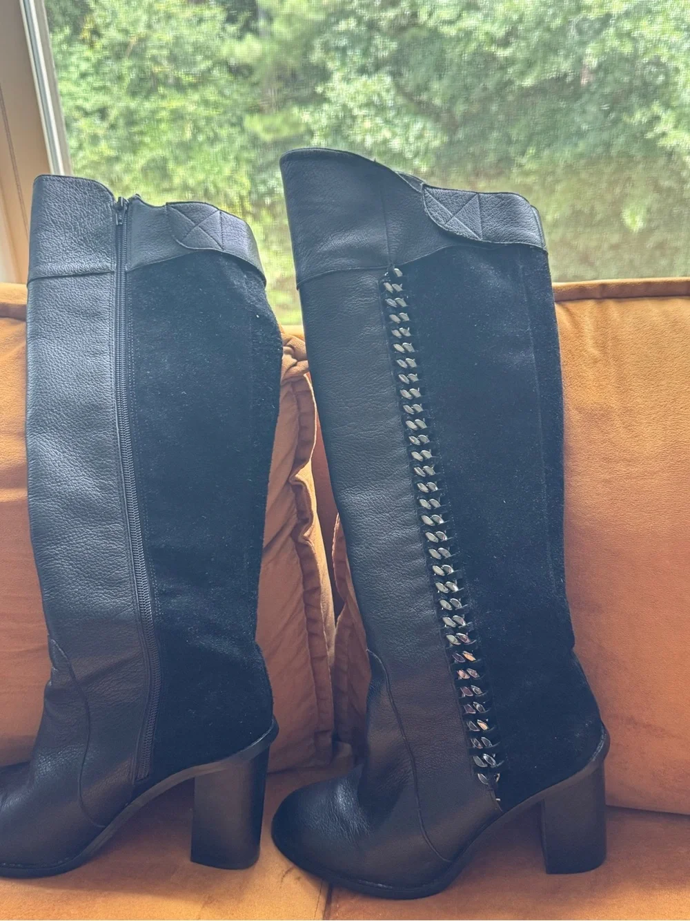 Gianni Bini Black Over-the-Knee Leather Boots with Side Chain Detail